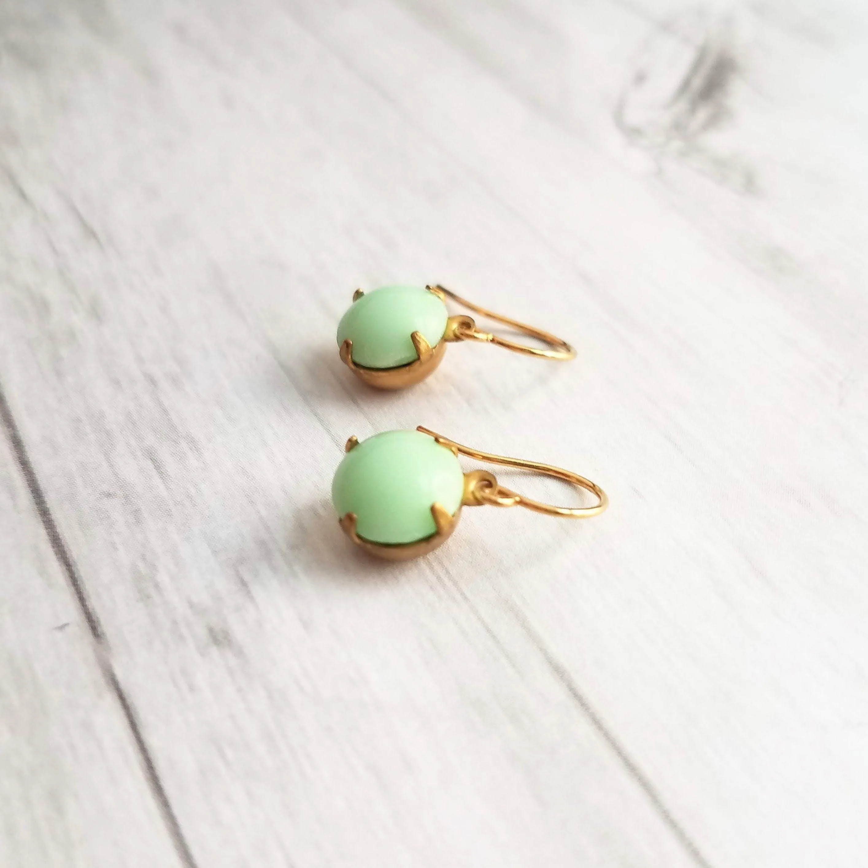 Green Mint & Gold Earrings - raw brass setting with small vintage round pale smooth glass - upgrade hooks to 14K SOLID gold or fill
