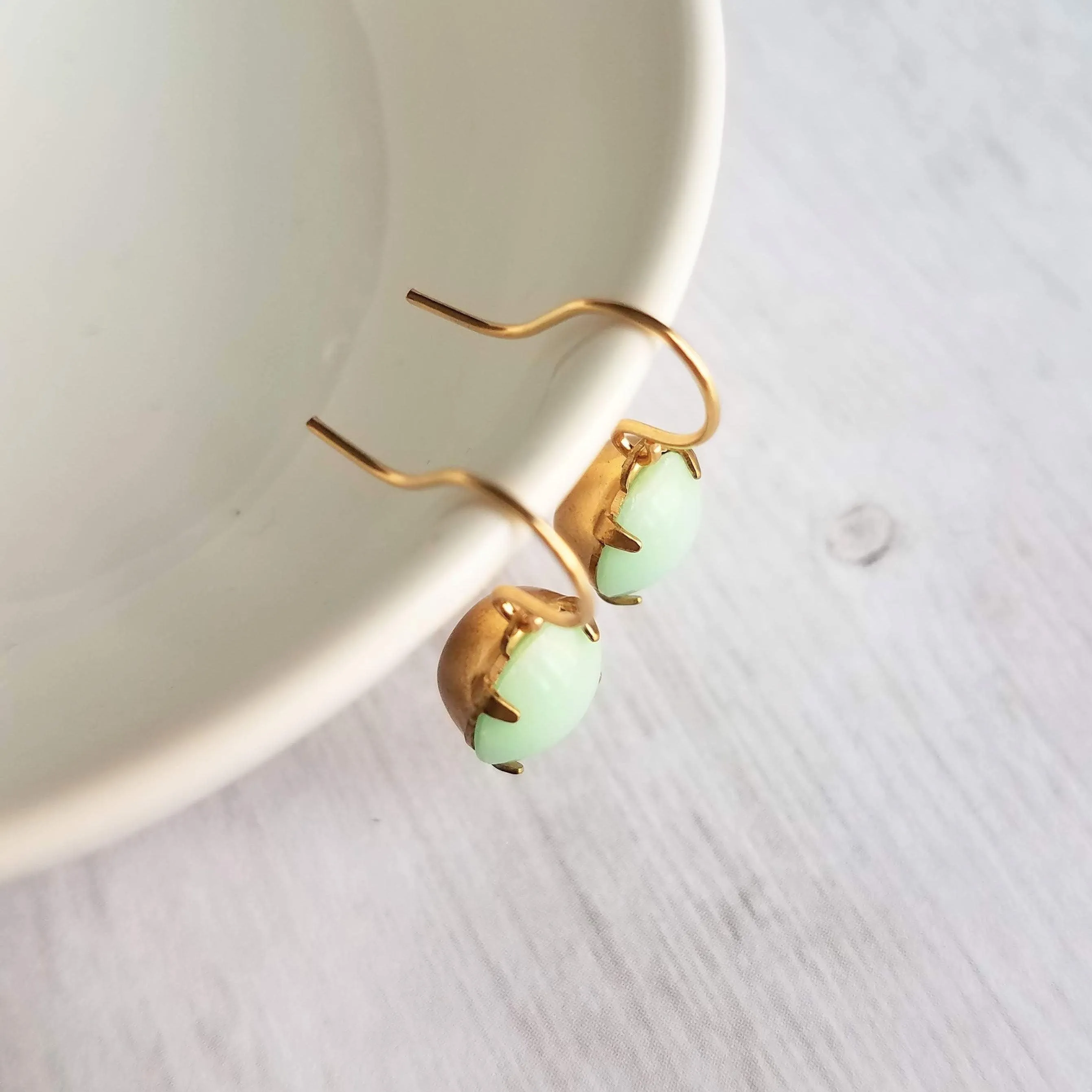 Green Mint & Gold Earrings - raw brass setting with small vintage round pale smooth glass - upgrade hooks to 14K SOLID gold or fill