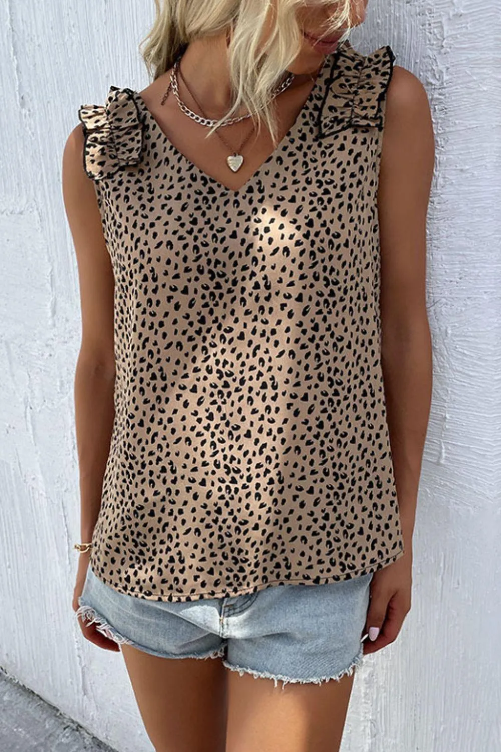 Hazel Blues® | Leopard Frill Trim V-Neck Tank