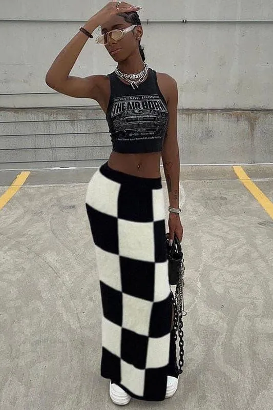 High waist slim slit bag hip checkerboard skirt