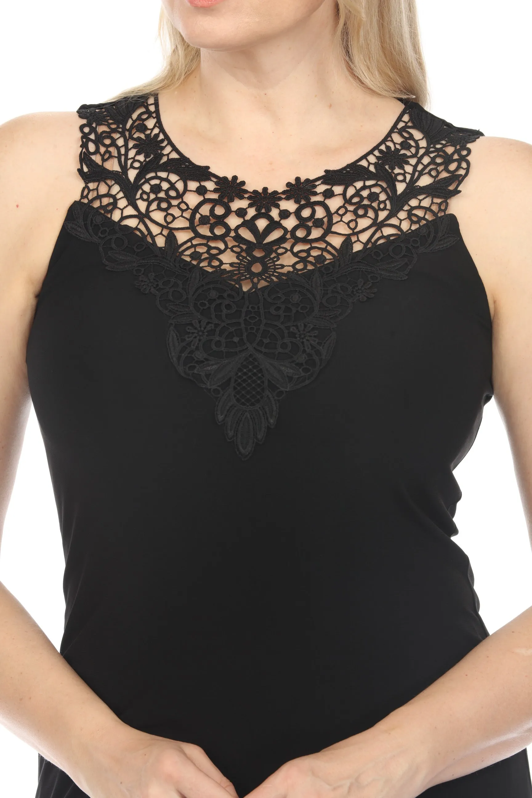 Joseph Ribkoff Black Lace Neck Detail Sleeveless Tank Top 242088