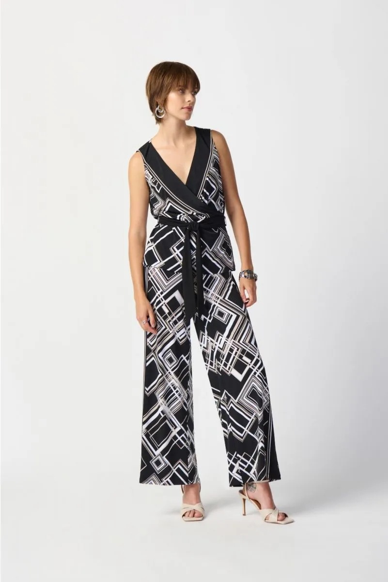 Joseph Ribkoff Black/Multi Geometric Print Belted Sleeveless Wrap Top 241085