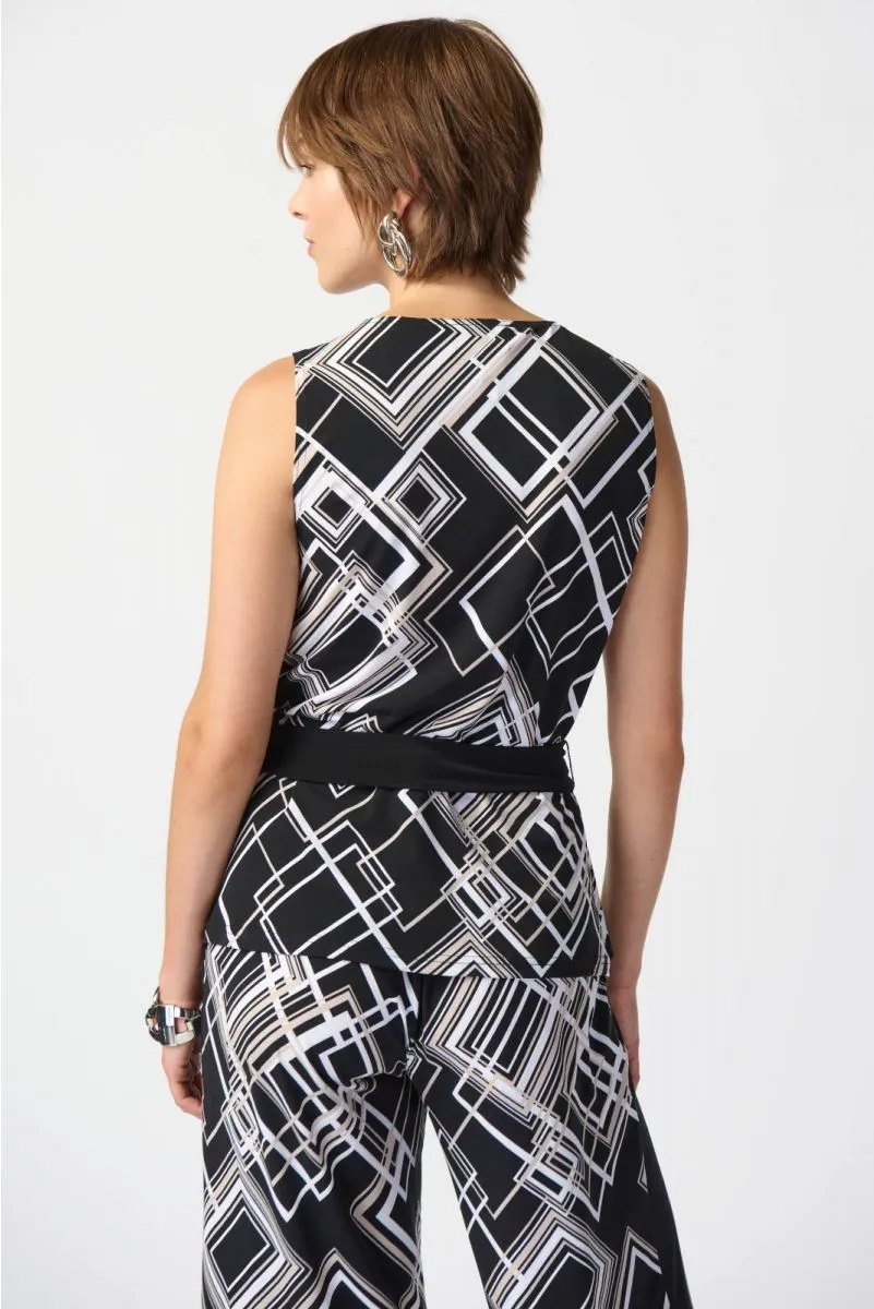 Joseph Ribkoff Black/Multi Geometric Print Belted Sleeveless Wrap Top 241085