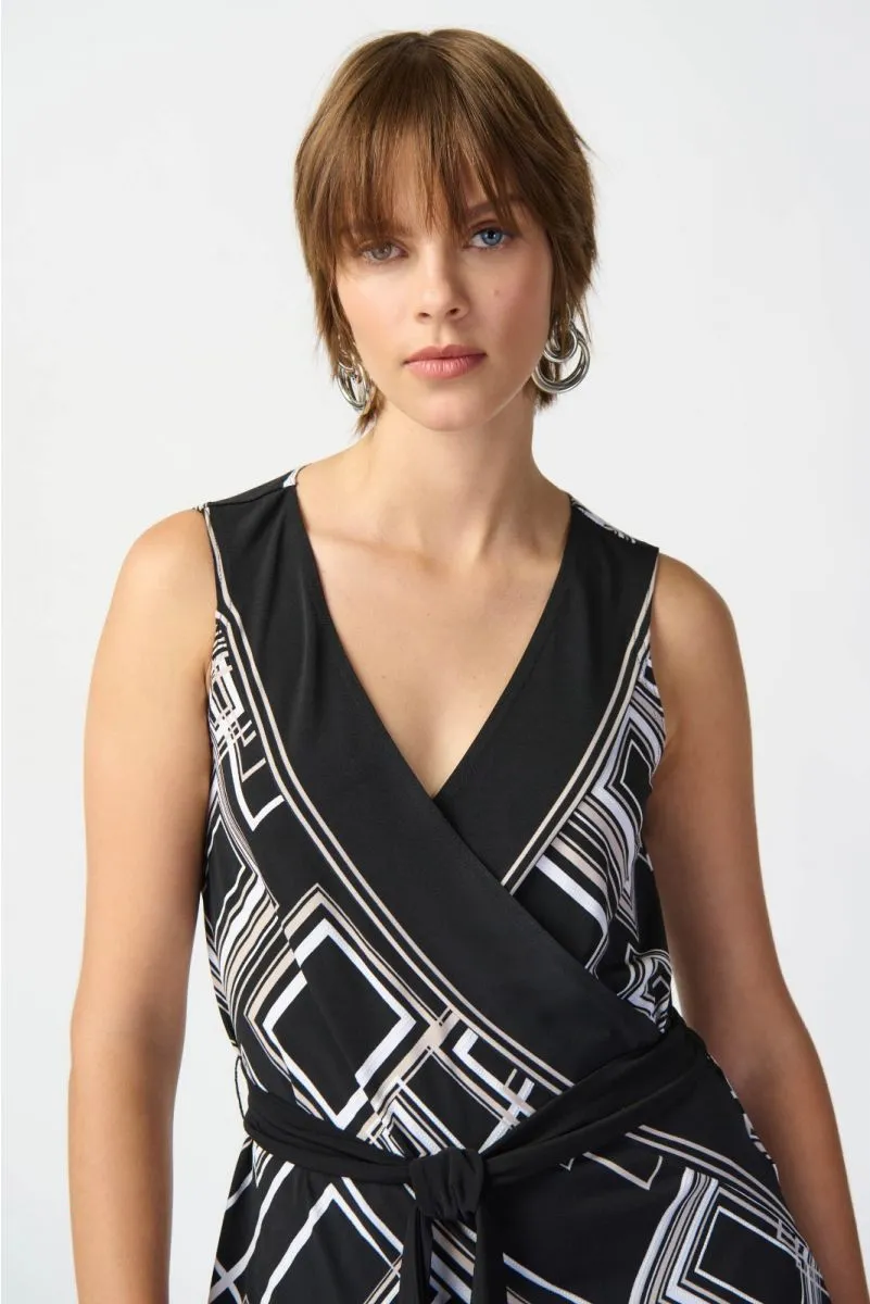 Joseph Ribkoff Black/Multi Geometric Print Belted Sleeveless Wrap Top 241085