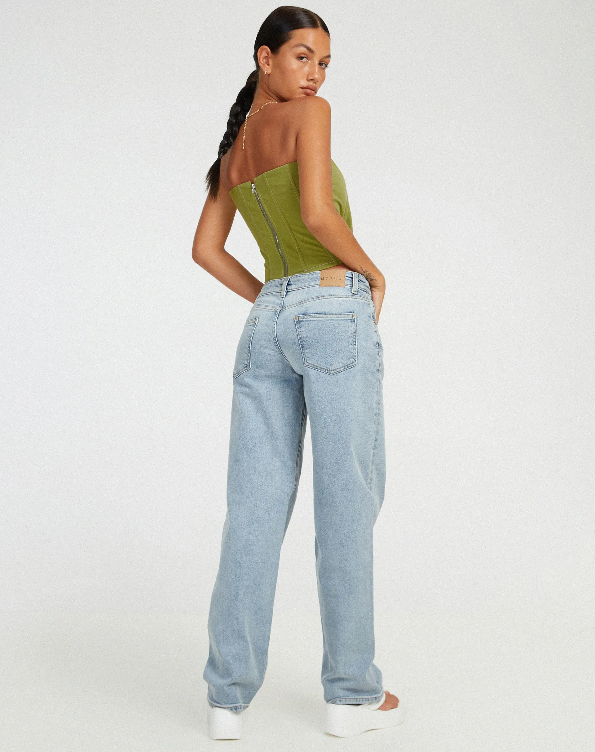 Kansa Corset Top in Pear Green with White Stitch