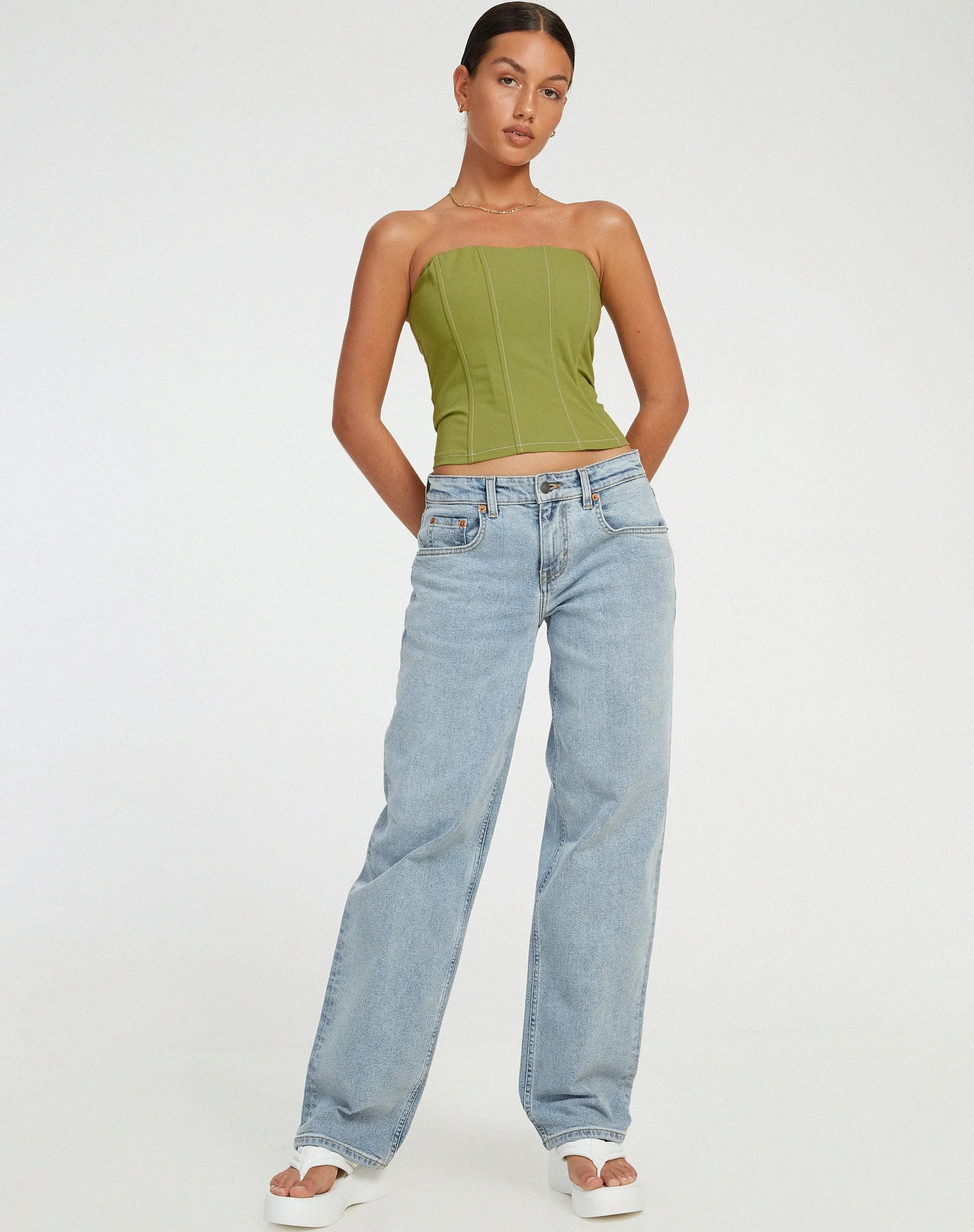 Kansa Corset Top in Pear Green with White Stitch