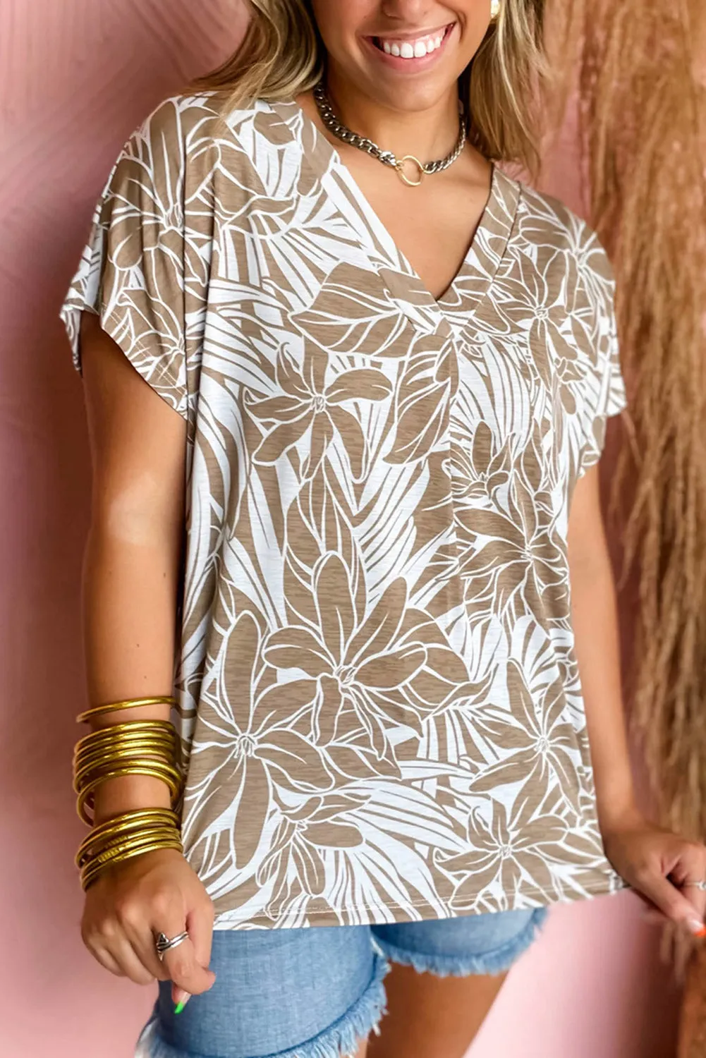 Khaki Floral Print V Neck Short Sleeve Loose Fit Blouse