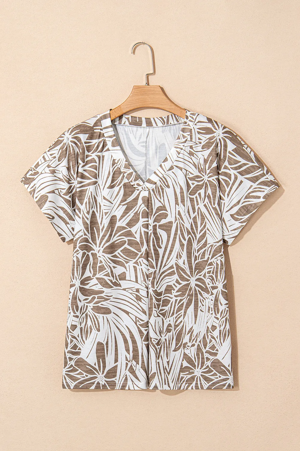 Khaki Floral Print V Neck Short Sleeve Loose Fit Blouse