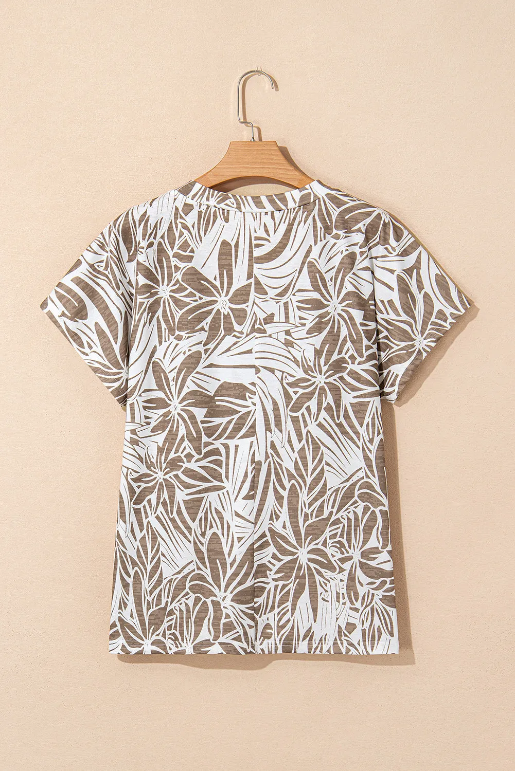 Khaki Floral Print V Neck Short Sleeve Loose Fit Blouse