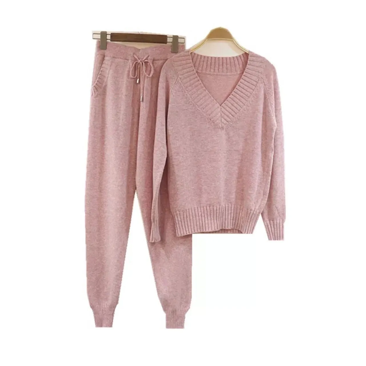 Knitted Set Women's Autumn winter Woolen and Cashmere Knitted Suit V neck Sweater Tracksuit Women Hoodies Two-Piece Set knit