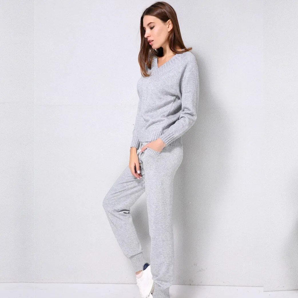 Knitted Set Women's Autumn winter Woolen and Cashmere Knitted Suit V neck Sweater Tracksuit Women Hoodies Two-Piece Set knit