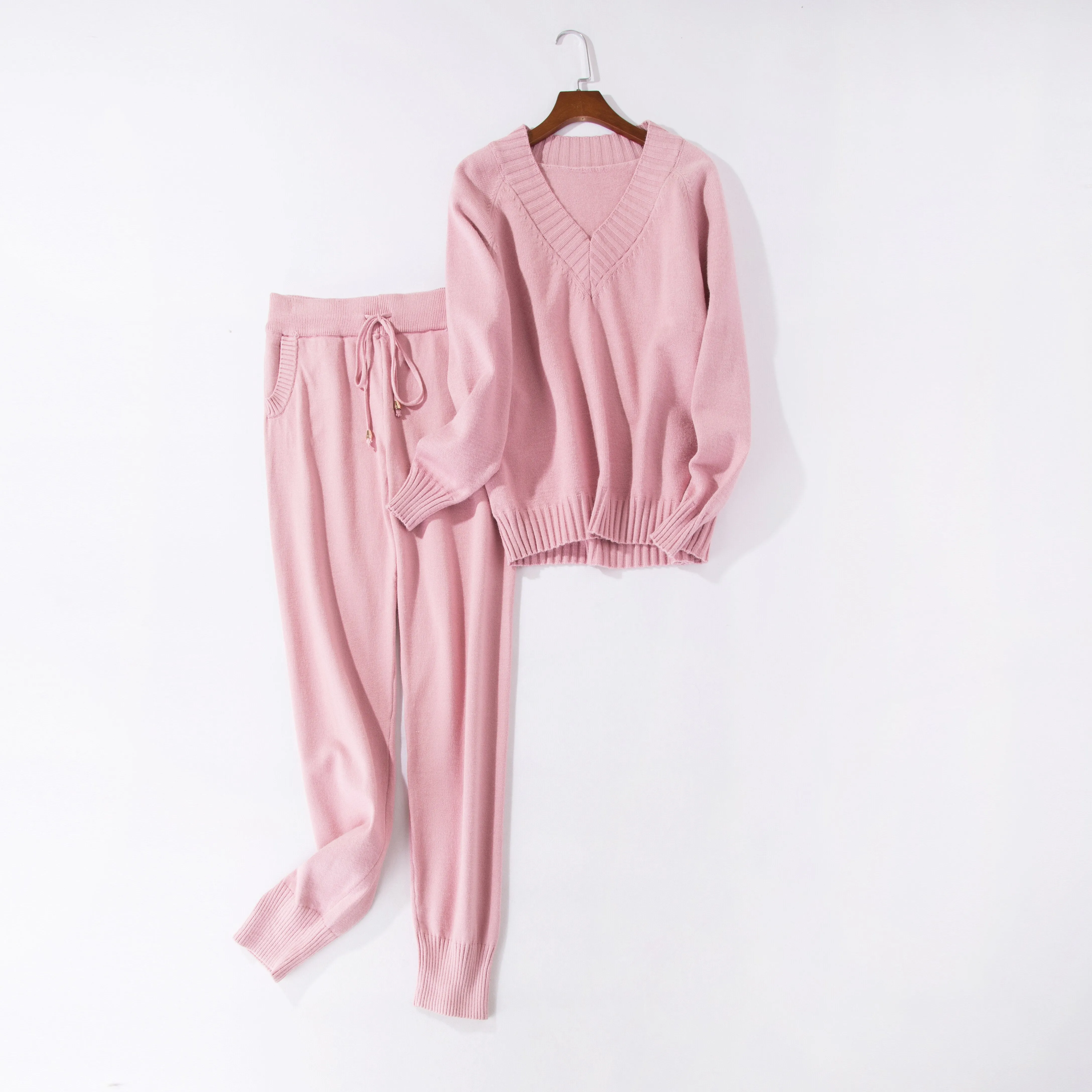 Knitted Set Women's Autumn winter Woolen and Cashmere Knitted Suit V neck Sweater Tracksuit Women Hoodies Two-Piece Set knit