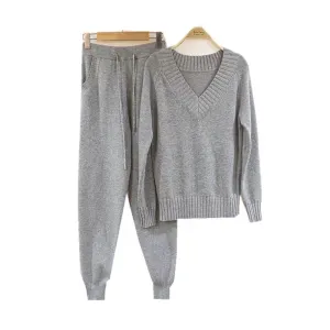 Knitted Set Women's Autumn winter Woolen and Cashmere Knitted Suit V neck Sweater Tracksuit Women Hoodies Two-Piece Set knit