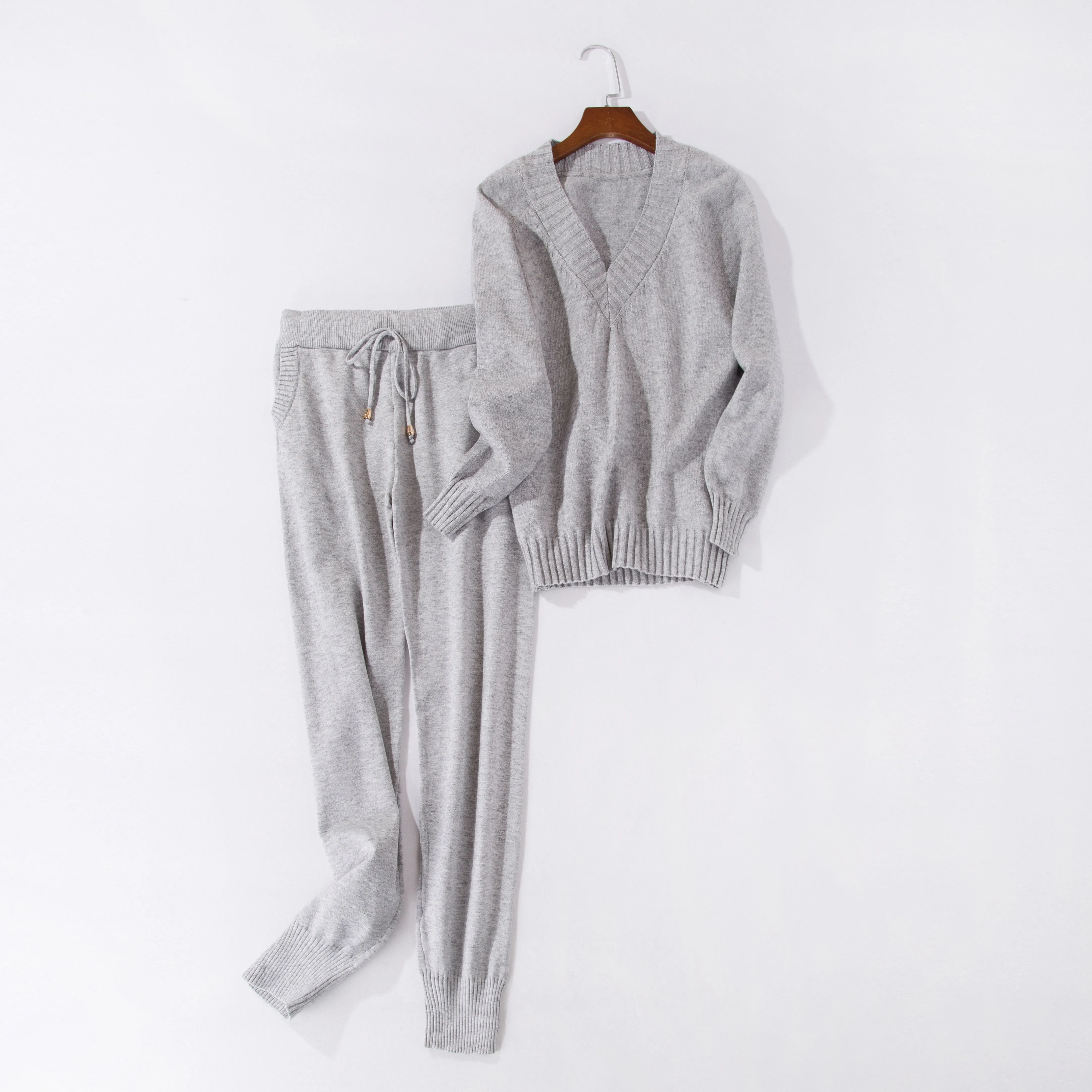 Knitted Set Women's Autumn winter Woolen and Cashmere Knitted Suit V neck Sweater Tracksuit Women Hoodies Two-Piece Set knit