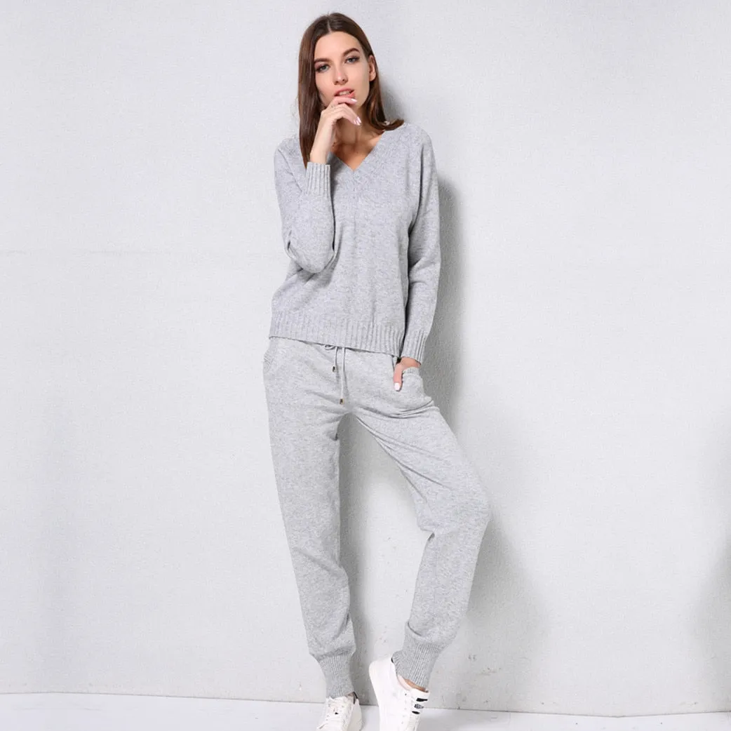 Knitted Set Women's Autumn winter Woolen and Cashmere Knitted Suit V neck Sweater Tracksuit Women Hoodies Two-Piece Set knit