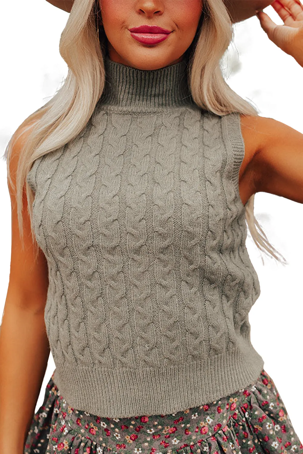 Laurel Green Cable Knit Turtleneck Sleeveless Sweater Top
