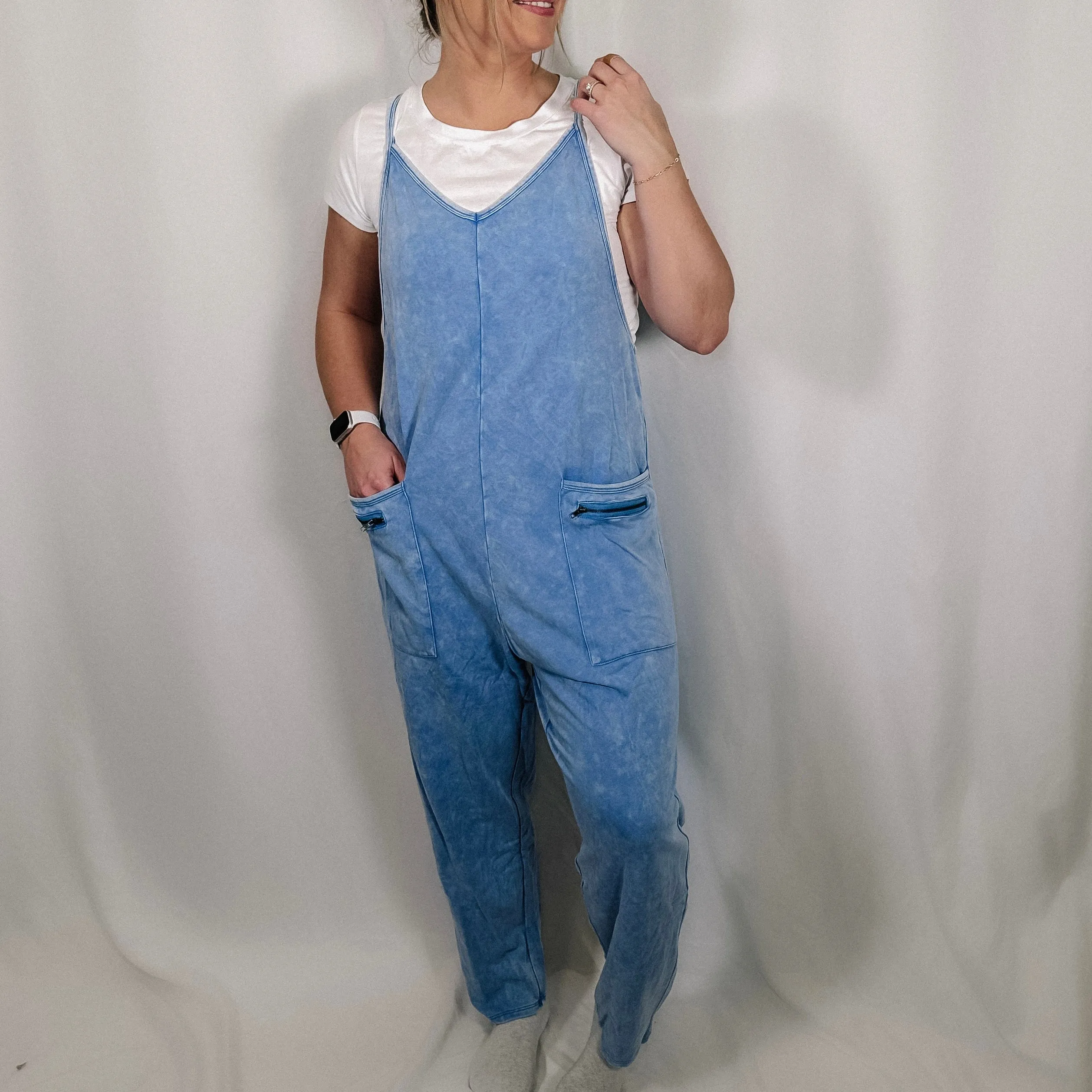 Mineral Washed Harem Jumpsuit - Sky Blue
