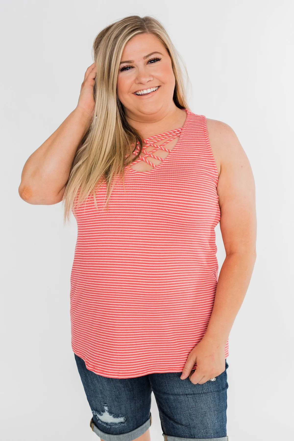 Mirage Criss Cross Tank Top- Pink & White