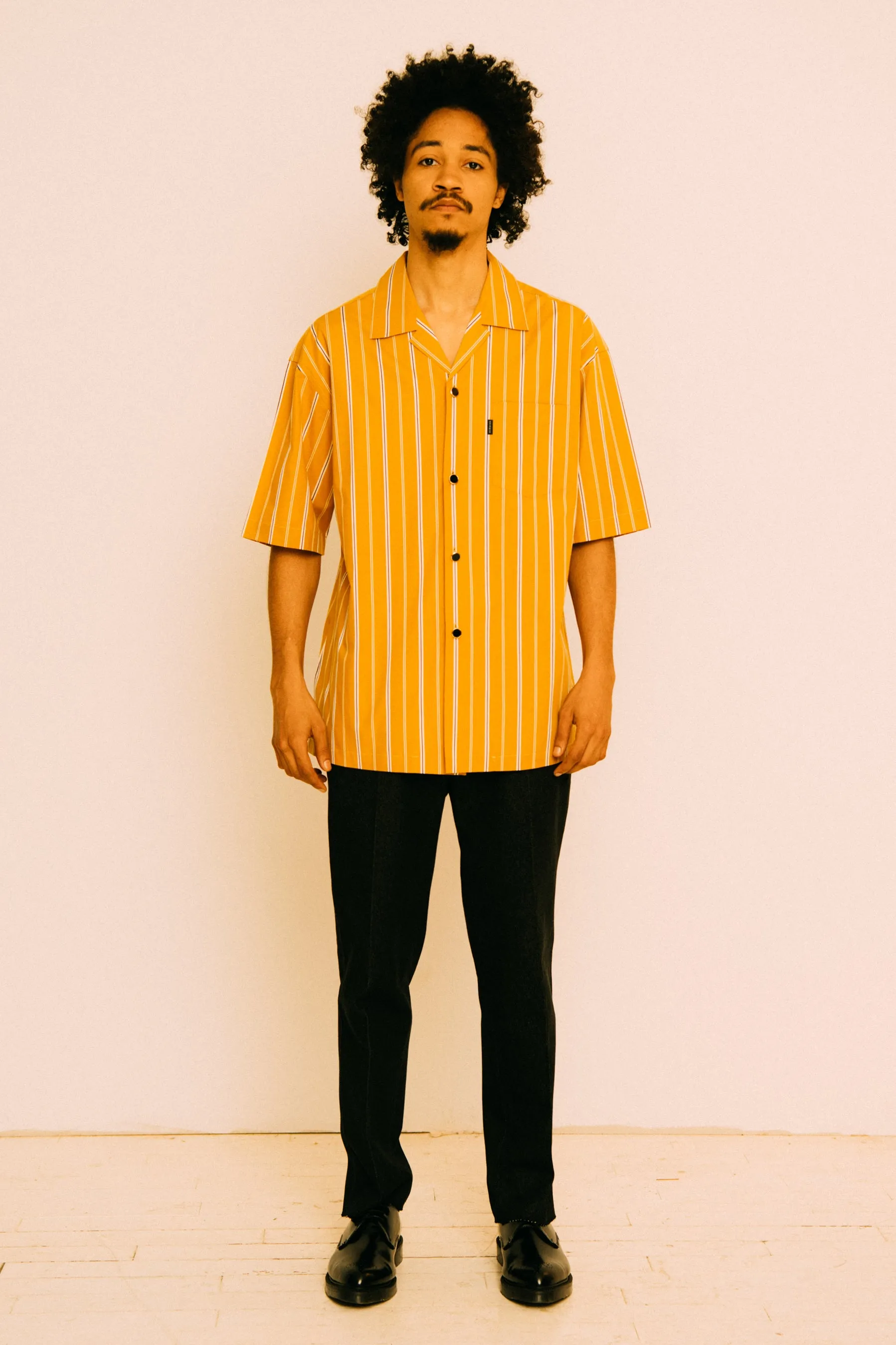MUSTARD STRIPE SHIRT WITH GOLD BUTTONS