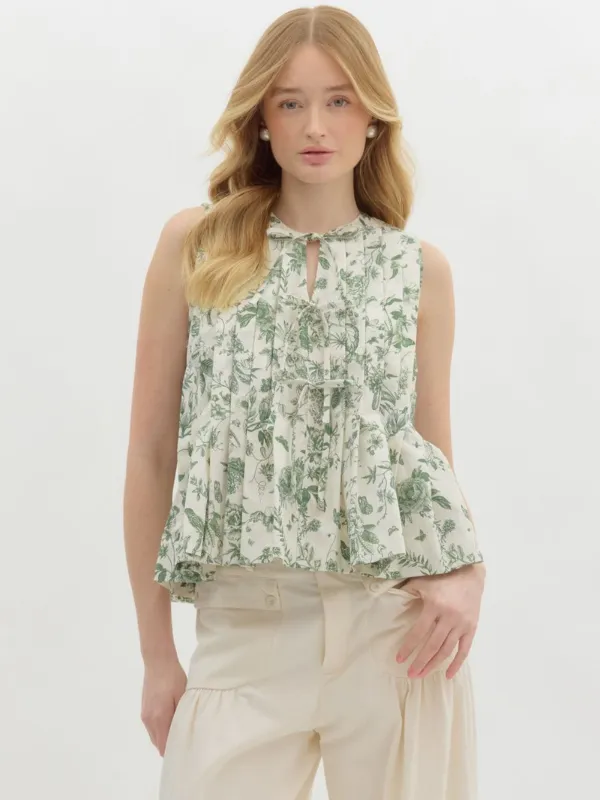 Olive Floral Toile Sleeveless Top