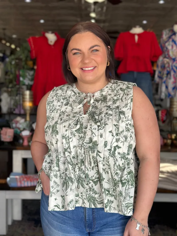 Olive Floral Toile Sleeveless Top