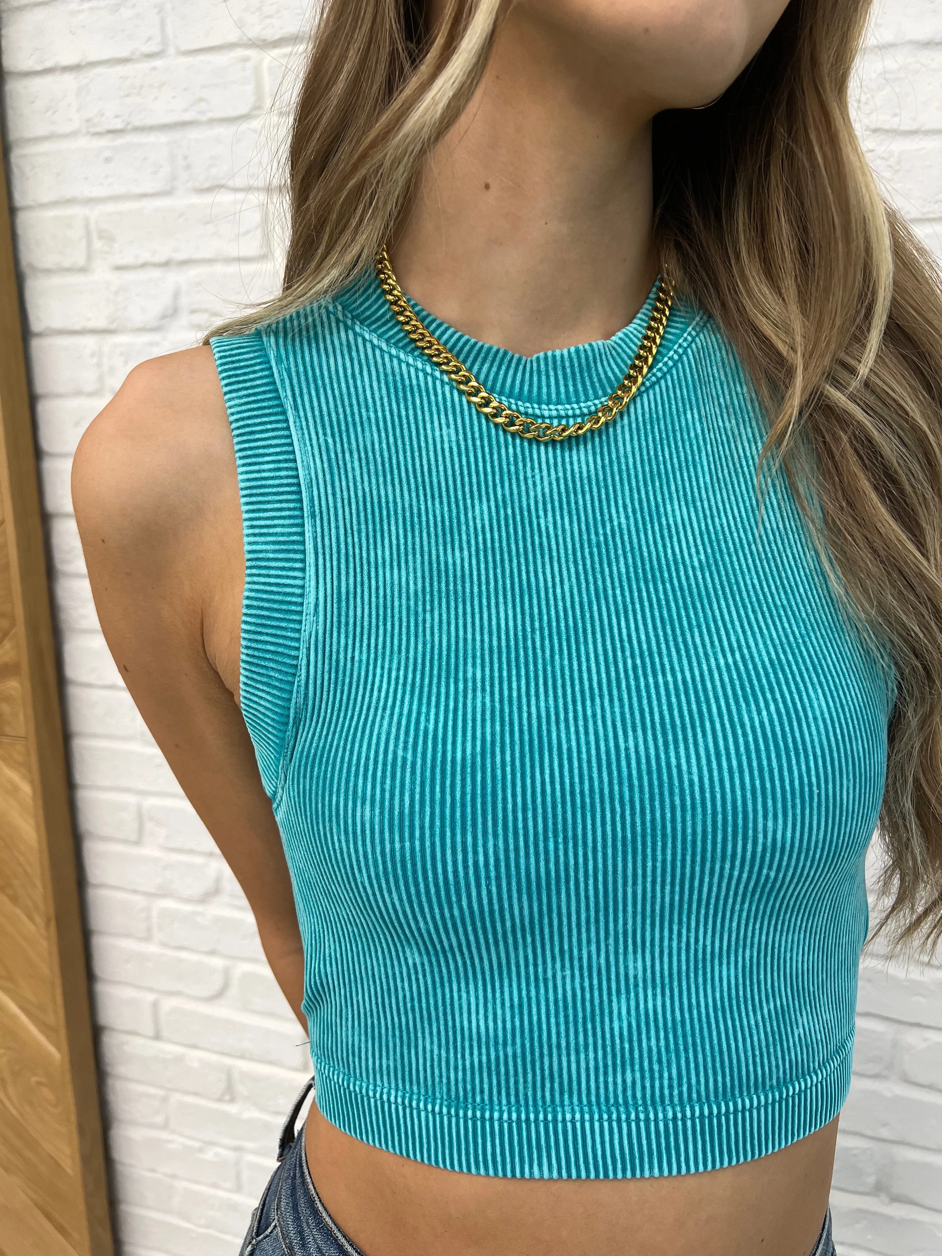 Over and Out Cropped Ribbed Tank in Lt Teal - 2/10