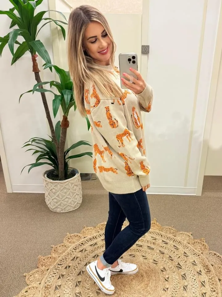 Oversized Knit Cheetah Sweater In Beige
