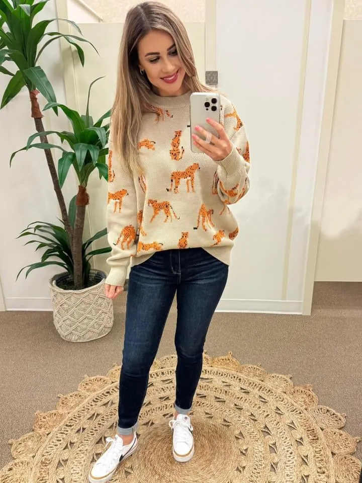 Oversized Knit Cheetah Sweater In Beige