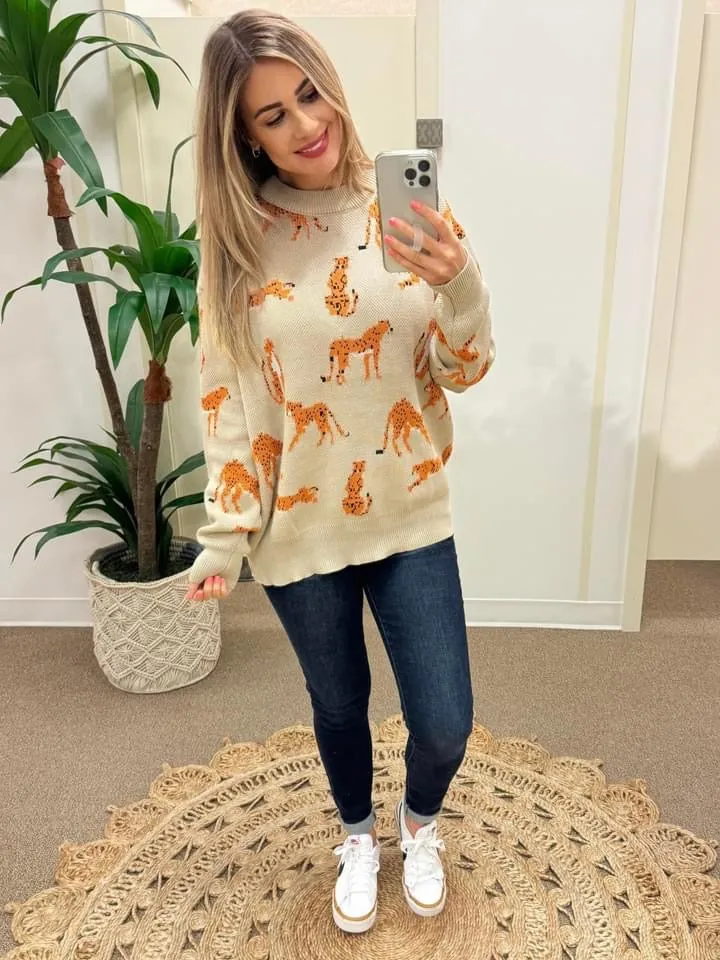 Oversized Knit Cheetah Sweater In Beige