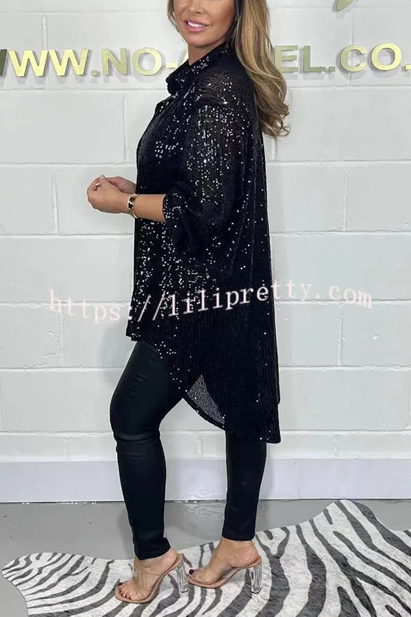 Party Season Solid Color Sequin Button Long Sleeve High Low Shirt