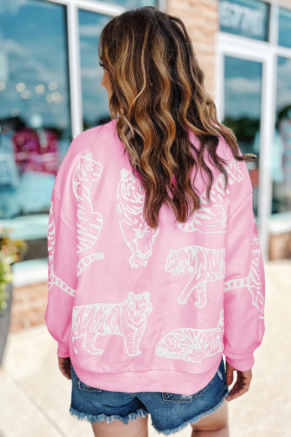 Pink Bright Animal Print Pullover Sweatshirt
