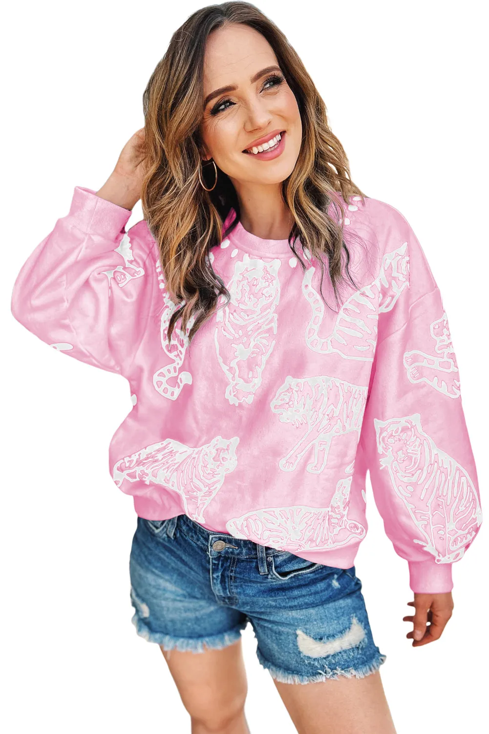 Pink Bright Animal Print Pullover Sweatshirt