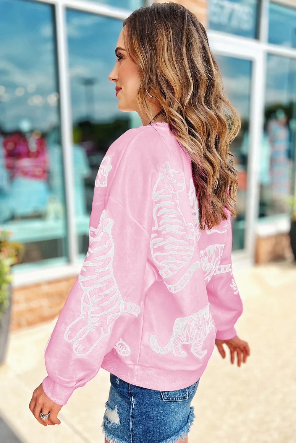 Pink Bright Animal Print Pullover Sweatshirt