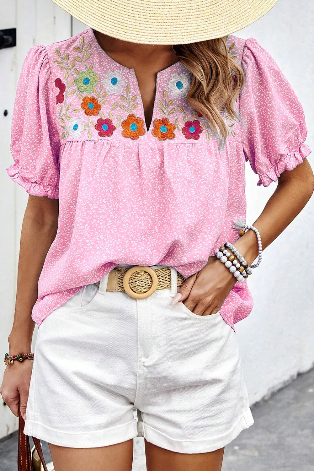 Pink Floral Embroidered Puff Sleeve Notched V Neck Blouse