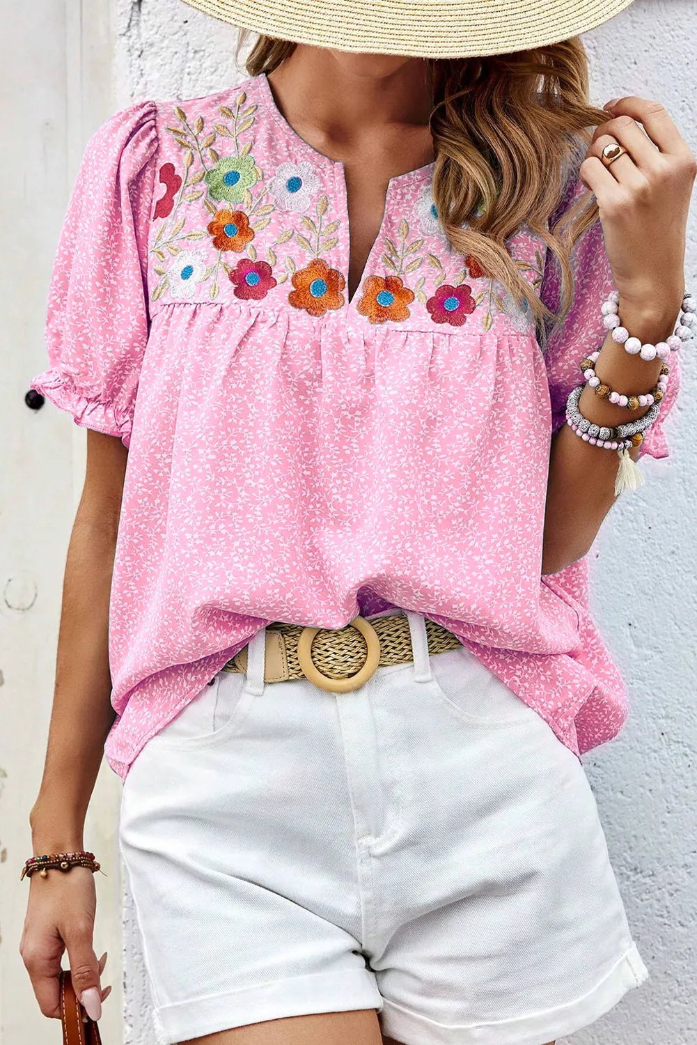 Pink Floral Embroidered Puff Sleeve Notched V Neck Blouse