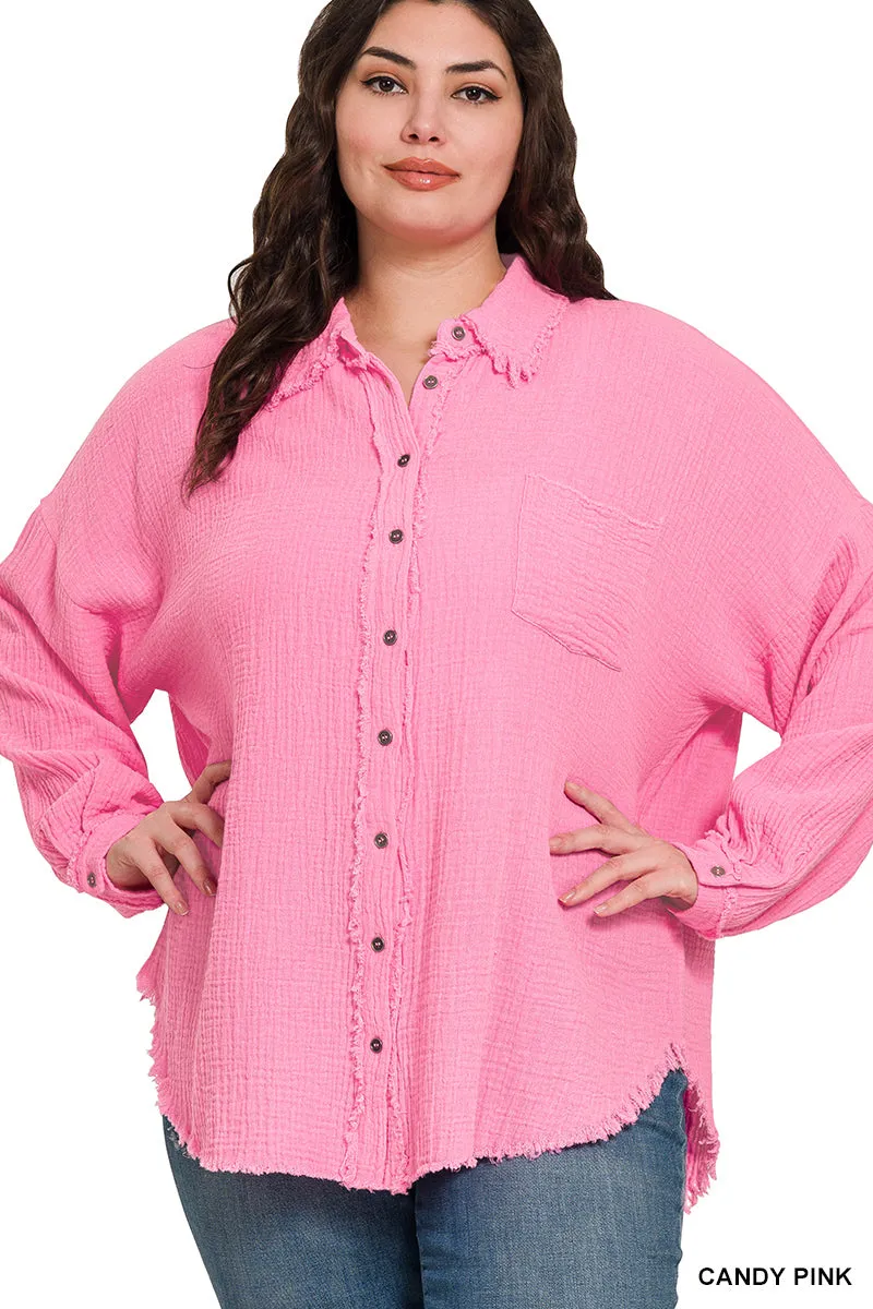 Plus double gauze oversized raw edge shirt Zenana