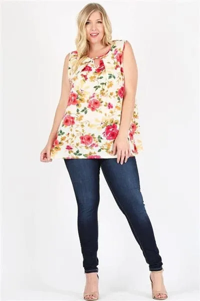 Plus Size Keyhole Sleeveless Floral Print Top Peach Fushia Yellow - Pack of 6