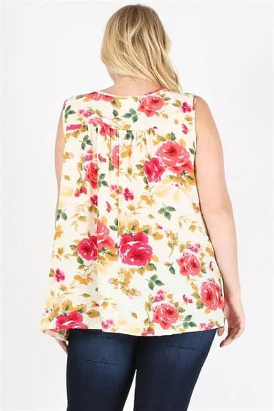 Plus Size Keyhole Sleeveless Floral Print Top Peach Fushia Yellow - Pack of 6
