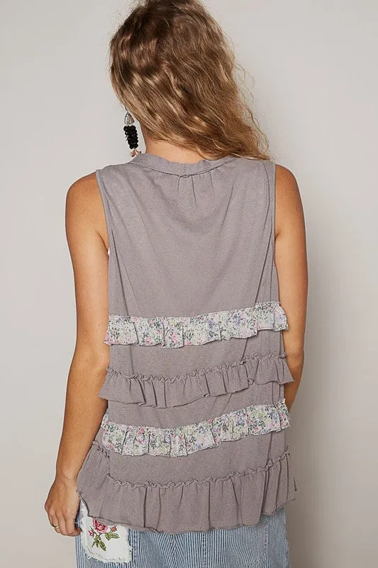 POL Ruffle Me Up Top- Stone Grey