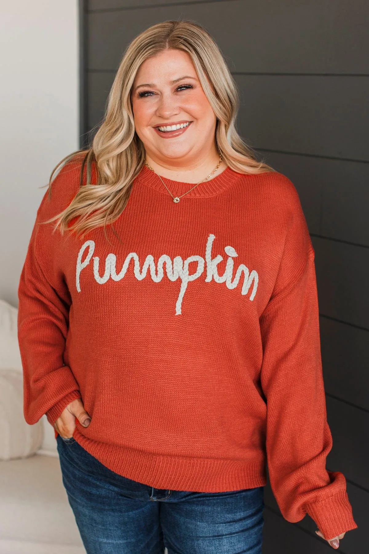"Pumpkin" Embroidered Knit Sweater- Pumpkin