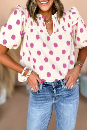 Rose Polka Dot Print Shirred Yoke Notched Neck Balloon Sleeve Blouse