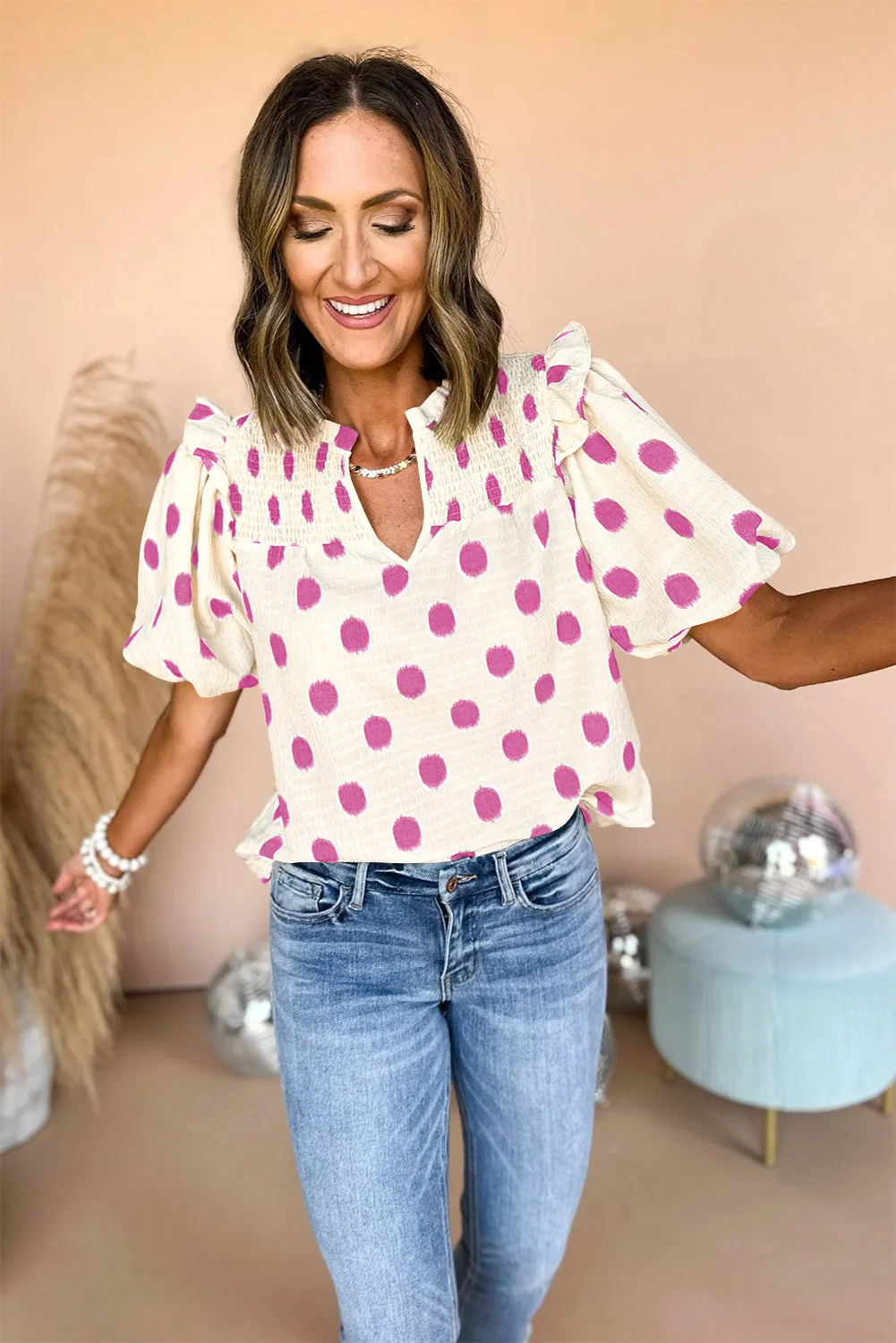 Rose Polka Dot Print Shirred Yoke Notched Neck Balloon Sleeve Blouse