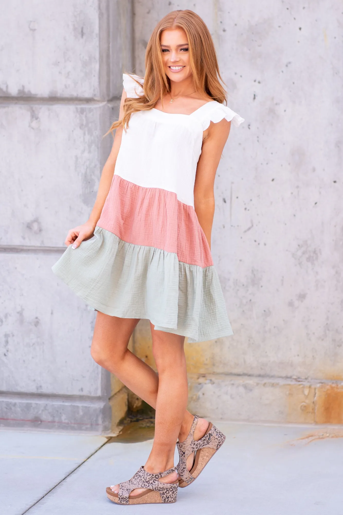 Ruffled Sleeveless Color Block Dress - Sage