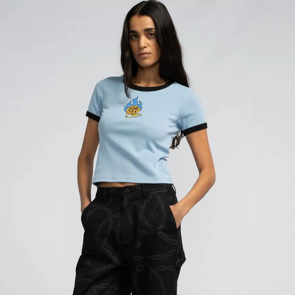 Santa Cruz Womens T-Shirt Lucky Rose Ringer T-Shirt - Crystal Blue / Black