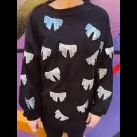 Silver Sequin Bow Corded Crew in Midnight Black