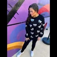 Silver Sequin Bow Corded Crew in Midnight Black