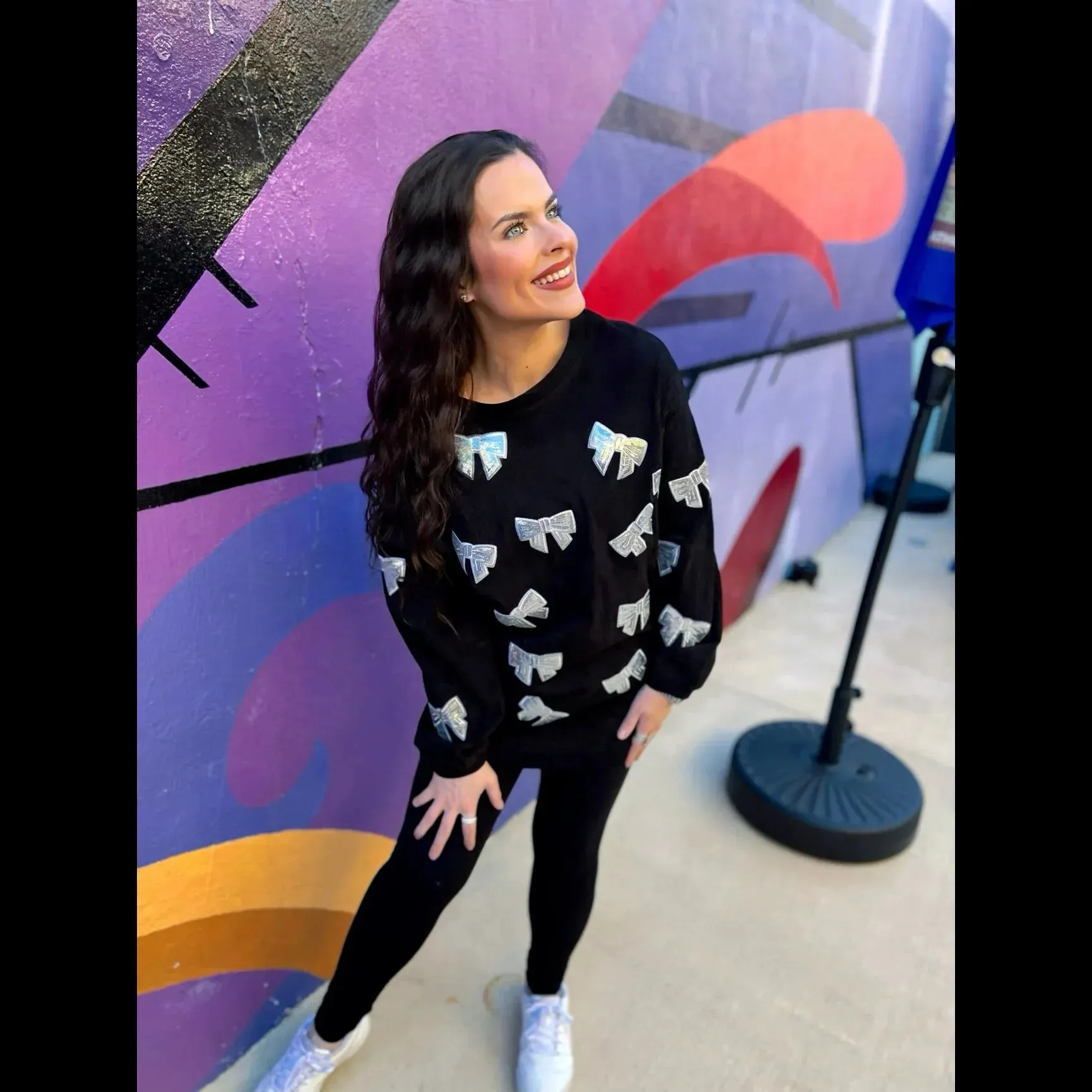 Silver Sequin Bow Corded Crew in Midnight Black