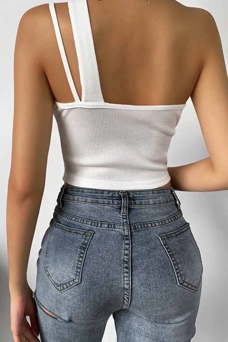 Single Shoulder Strap Hollow Tops