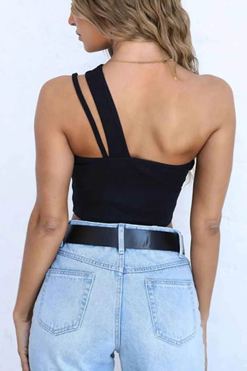 Single Shoulder Strap Hollow Tops