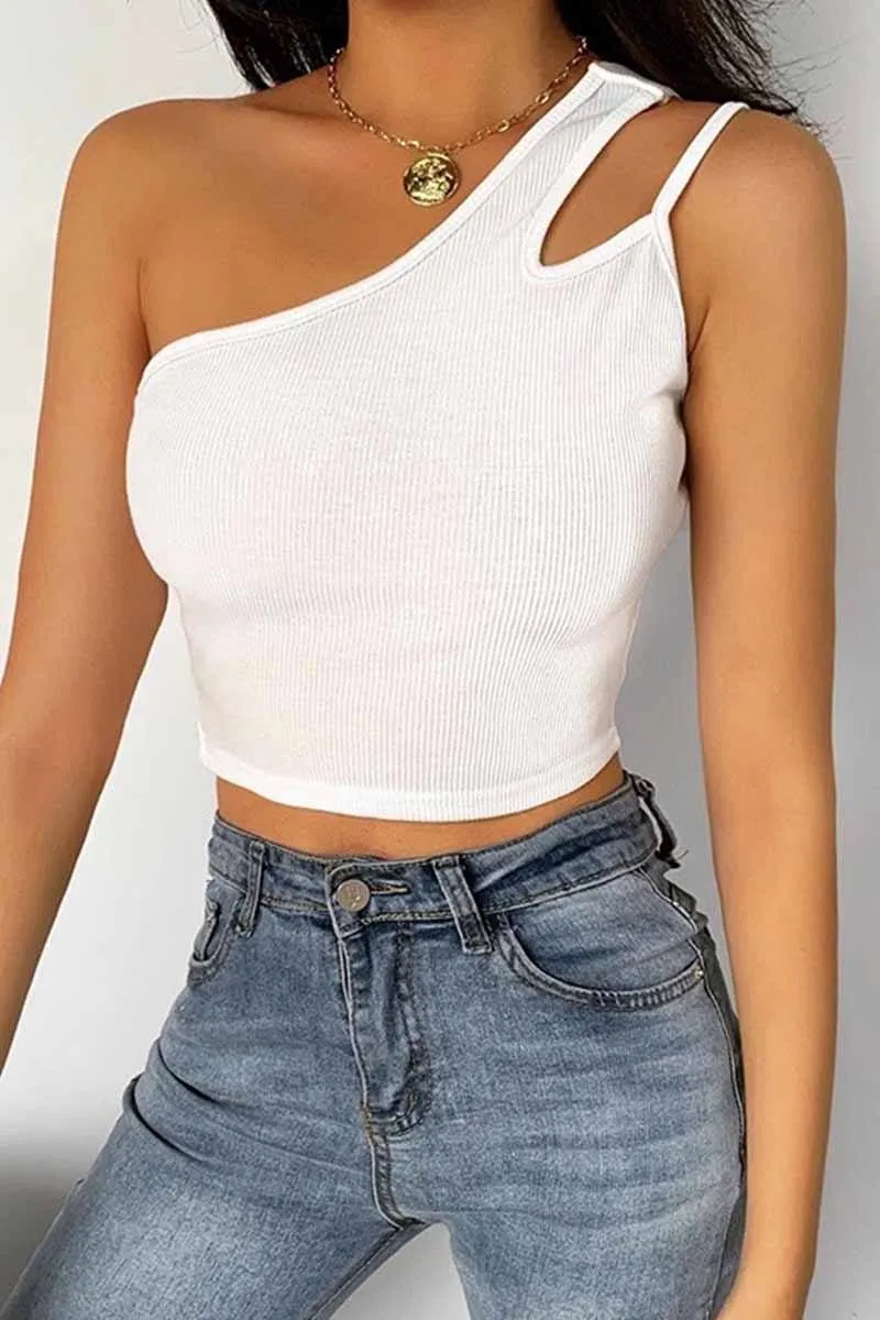 Single Shoulder Strap Hollow Tops